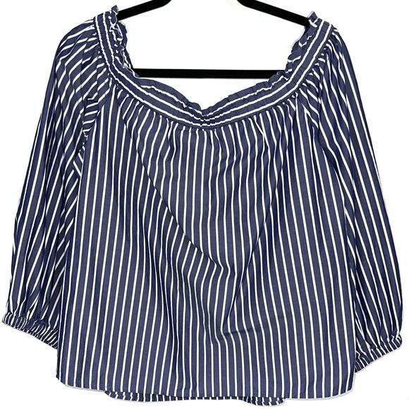 JCrew Blue White Striped Off The Shoulder Cotton Long Sleeve Top Size 14 - Picture 2 of 16